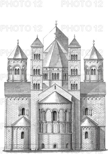 Maria Laach Abbey, Abbatia Mariae Lacensis or Abbatia Mariae ad Lacum or Abbatia Lacensis, Benedictine order, a monastery in Glees, district of Ahrweiler, Rhineland-Palatinate, Germany, Historical, digitally enhanced reproduction from an original around 1860