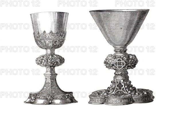 Religious cult objects, Two richly decorated chalices with enamels and filigree ornaments, probably from 1337, from Neuburg Abbey, Bavaria, Germany, Historical, digitally enhanced reproduction from an original from around 1860