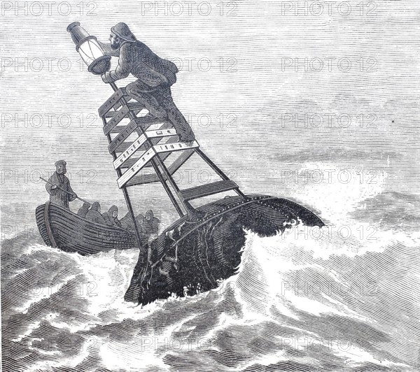 Lighting the beacons in the open sea during a storm, distress signal, historical, digitally enhanced reproduction of a model from around 1860