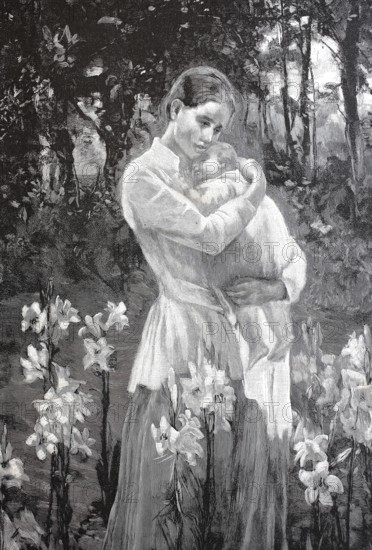 Mother with her baby on a spring evening in the garden, protect, Historical, digitally enhanced reproduction from an original around 1860