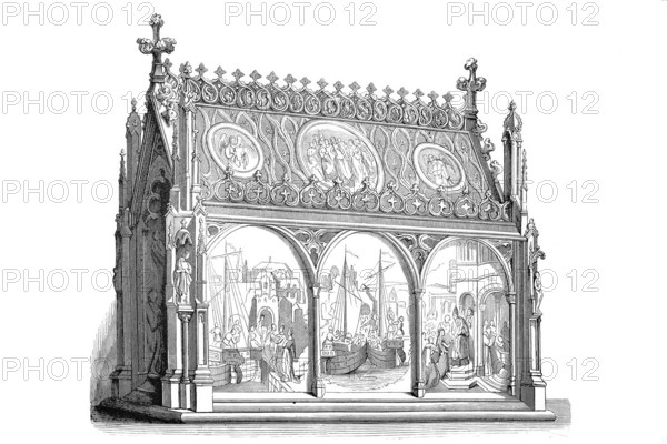 The legend of St Ursula on the panels of the Ursula shrine, painted by Hans Memling in 1489, in the Sint-Janshospitaal, Bruges, Belgium, Historical, digitally enhanced reproduction of an original from around 1860