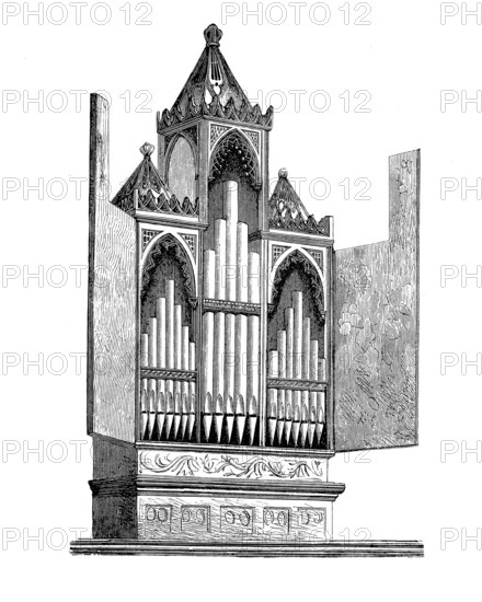Organ from the Cathedral of Alcala de Henares, Santa e Insigne Catedral Magistral de los Santos Ninos Justo y Pastor, Episcopal Church of the Diocese of Alcalá de Henares in the Ecclesiastical Province of Madrid in the city of Alcala de Henares in the Autonomous Community of Madrid, Spain, Historical, digitally enhanced reproduction from an original from around 1860