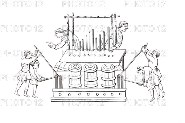 Manually operated organ from the 12th century, historical, digitally enhanced reproduction of a model from around 1860