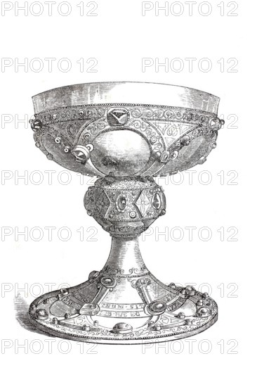 The richly decorated chalice of St Remigius, Remigius of Reims (436 to 533) was a bishop of Gallo-Roman nobility in the east of what is now France. He became famous for baptising the Merovingian king Clovis I and is venerated as one of the great saints of the Frankish people, from the cathedral of Reims, France, Historical, digitally enhanced reproduction from an original from around 1860