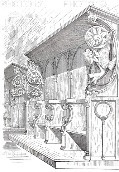 Choir stalls in the Minster Church of St Alexandri in Einbeck, Lower Saxony, Germany, Historical, digitally enhanced reproduction of a model from around 1860