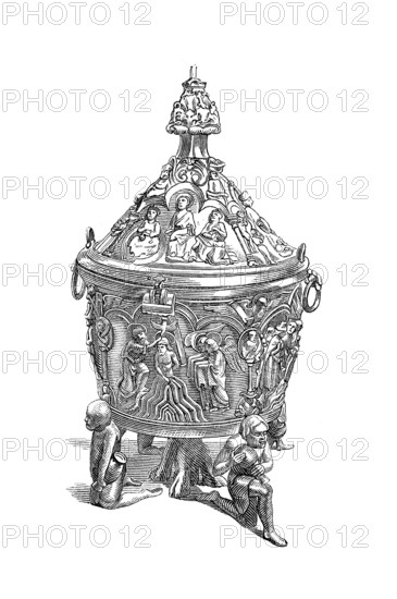 Religious cult objects, Late Romanesque baptismal font in Hildesheim Cathedral, a cauldron covered with sculptures, Germany, Historical, digitally enhanced reproduction of a model from around 1860