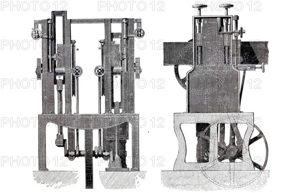 Timber industry, sawmill, Haigh's equilibrium saw for sawing boards and beams, historical, digitally enhanced reproduction from a model from around 1860