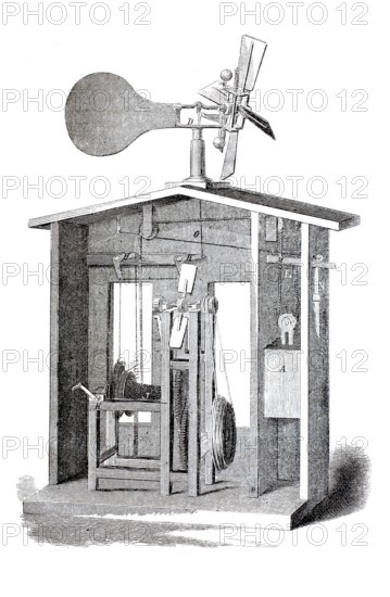 Agriculture, Apparatus for utilising accumulated wind power as an engine, Historical, digitally enhanced reproduction of an original from around 1860