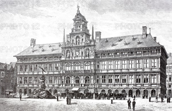The town hall in Antwerp, Belgium, Historical, digitally enhanced reproduction of a model from around 1860