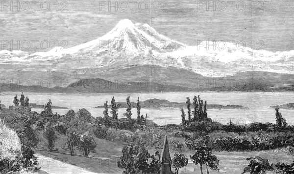 Mount Baker and San Juan Island, View from Government House in Victoria, British Columbia, America, Historical, digitally enhanced reproduction from an original around 1860