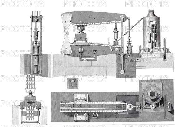 Wilson's machine for pressing metal into moulds, historical, digitally enhanced reproduction of a model from around 1860