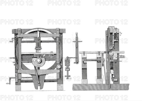 Machine for cutting wood into sheets and bevelled bottles, by W.Clark, Historical, digitally enhanced reproduction of a model from around 1860