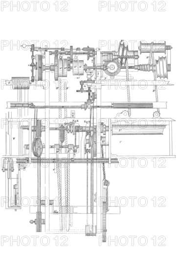 Textile industry, Selfactor for the carded yarn spinning process, Historical, digitally enhanced reproduction of a model from around 1860