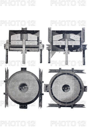 Mill, Flour processing, Improvements to the grinding mill, by Blake, LKee and Dutton, Historical, digitally enhanced reproduction from a model from around 1860
