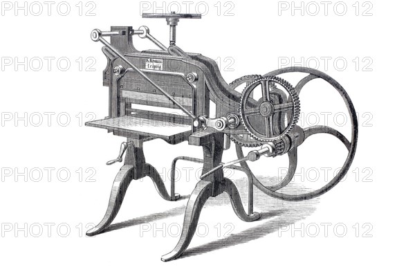 Improved paper cutting machine by K. Krause, historical, digitally improved reproduction of a model from around 1860