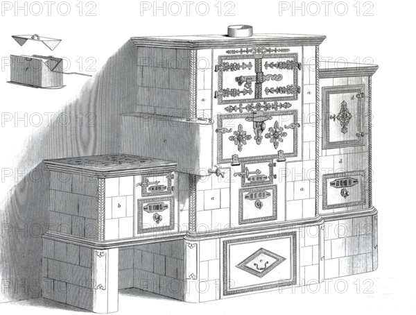 Kitchen, kitchen stove, by C.H. Unglenk from Reudnitz near Leipzig, historical, digitally enhanced reproduction of a model from around 1860
