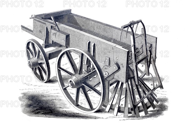 Agriculture, Fertiliser spreader, after J.H. Stevens, Historical, digitally enhanced reproduction of a model from around 1860