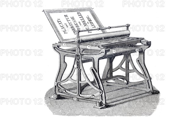 Print shop, Poster press, Proofreading press, Historical, digitally enhanced reproduction of an original from around 1860