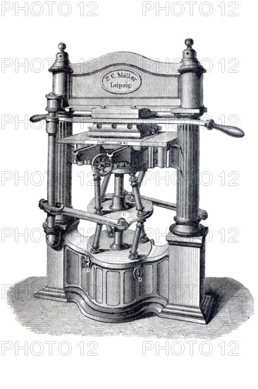 Gilding press, blind printing press after P.E. Möller (Leipzig), historical, digitally enhanced reproduction of a model from around 1860