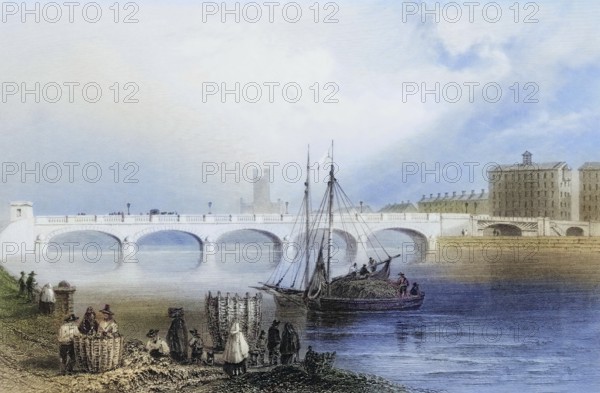 Wellesley Bridge, Limerick, Ireland, from the Landscape and Antiquities of Ireland, 1841, digital reproduction of a historical model