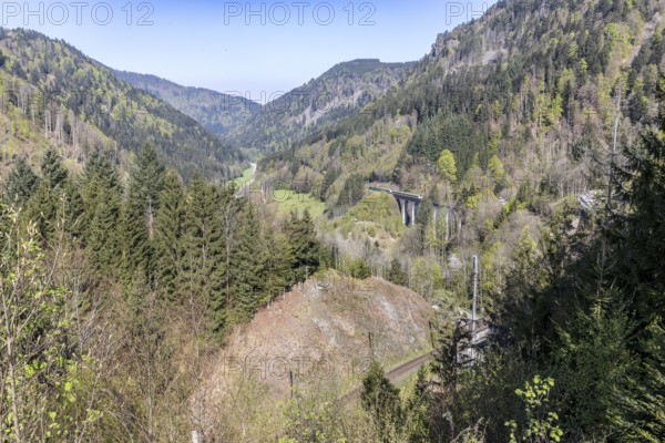 View of the famous, narrow, so-called Höllenbach valley with the B31 main road and railway line, the so-called Höllentalbahn with Ravennaviaduct, southern Black Forest, Baden-Württemberg, Germany