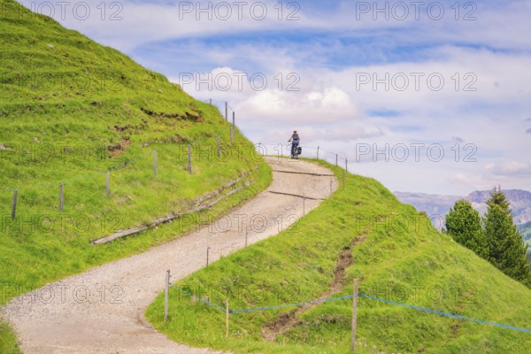 A winding gravel path amidst a hilly, natural landscape, Alpe di Siusi, Dolomites, South Tyrol, Italy