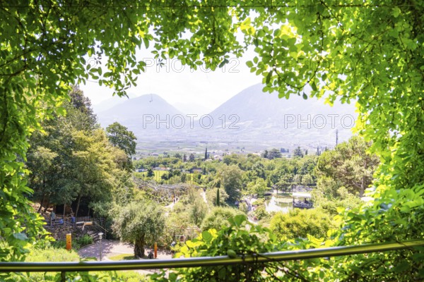 A panoramic view over a valley with trees and mountains in the background, Botanical Gardens, The Gardens of Trauttmansdorff Castle, Merano, South Tyrol, Italy