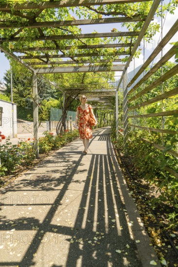 Woman in a pavilion, covered by leaves, with long shadows on the ground, surrounded by summer flowers, Botanical Garden, The Gardens of Trauttmansdorff Castle, Merano, South Tyrol, Italy