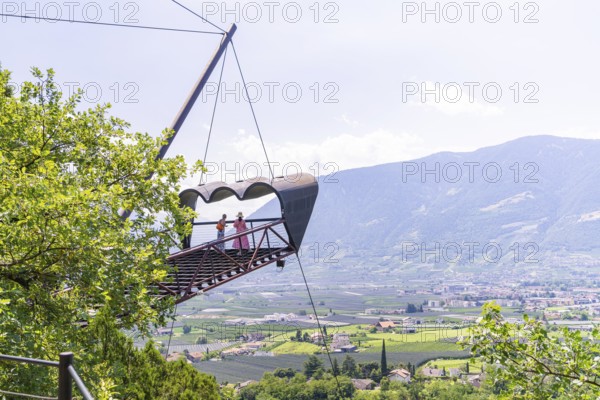 Two people on a platform with a wide view over the valley and mountains, Botanical Gardens, The Gardens of Trauttmansdorff Castle, Merano, South Tyrol, Italy