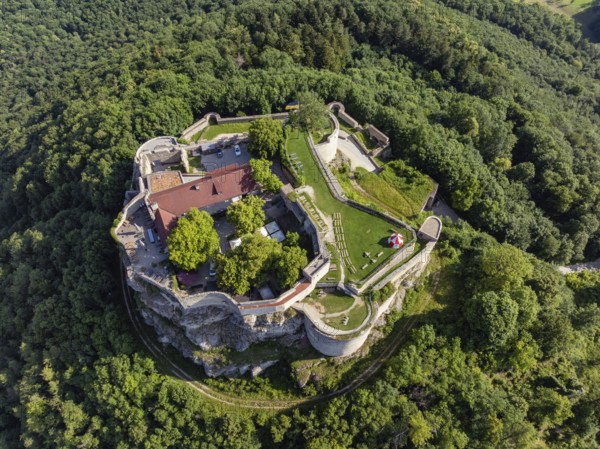 Luftbild von der hochmittelalterlichen Burgruine, Höhenburg Hohenneuffen am Albtrauf, Neuffen, Landkreis Esslingen, Schwäbische Alb, Baden-Württemberg, Deutschland