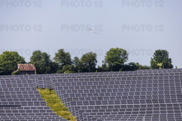 Open-space photovoltaic system, solar park near Nellingen in the Swabian Alb. Glider. Nellingen, Baden-Württemberg, Germany