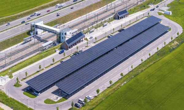 Largest charging park in the world at Merklingen Swabian Alb railway station. 259 covered stations for electric cars are located under two 160 and 190 metre long roofs. The Swabian Alb special-purpose association and the state are investing around five million euros in the charging park. Merklingen, Baden-Württemberg, Germany