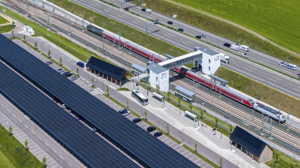 Largest charging park in the world at Merklingen Swabian Alb railway station with RegionalExpress RE200. There are 259 covered stations for electric cars under two 160 and 190 metre long roofs. The Swabian Alb special-purpose association and the state are investing around five million euros in the charging park. Merklingen, Baden-Württemberg, Germany