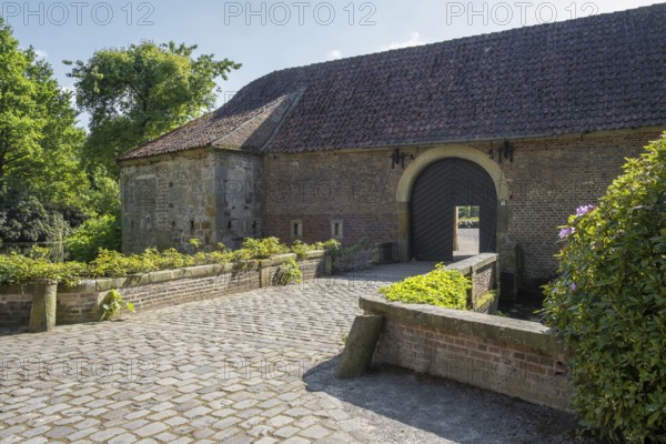 Drawbridge and gatehouse moated castle Haus Welbergen, Ochtrup-Welbergen, Münsterland, North Rhine-Westphalia, Germany