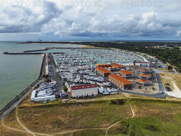 Marina in Le Verdon-sur-Mer from a drone, Nouvelle-Aquitaine, Gironde, France, EuropeLe Verdon-sur-Mer, Nouvelle-Aquitaine, Gironde, France, Europe