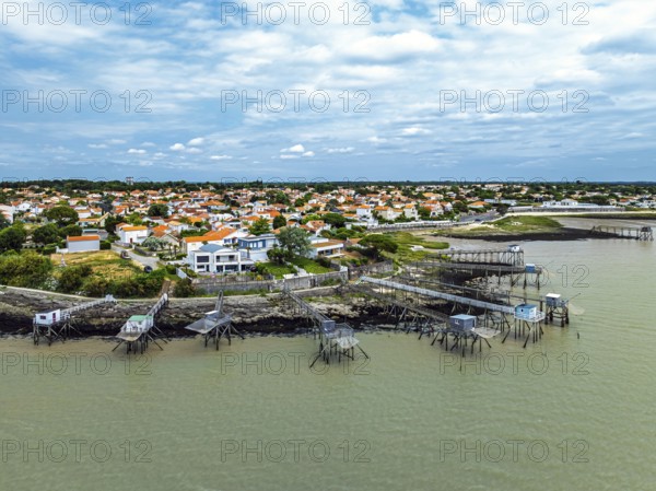 Fishing huts over Randonnee entre Histoire et Nature from a drone, Fouras, Fouras-les-Bains, Charente-Maritime, Nouvelle-Aquitaine, France