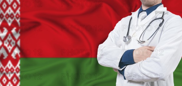 Belarus healthcare concept. Male doctor on Belarus flag. Doctor with crossed arms on Belarus flag