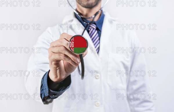 Belarus healthcare system, doctor holding stethoscope. Belarus health and medical insurance concept