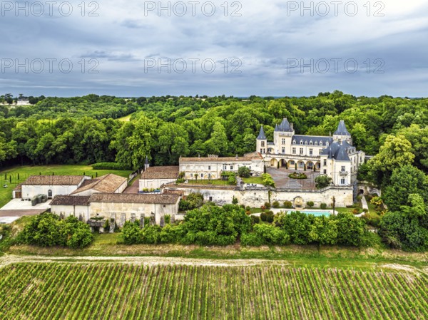 Castle of La Riviere, Vineyard Chateau de La Riviere from a drone, Bordeaux, France
