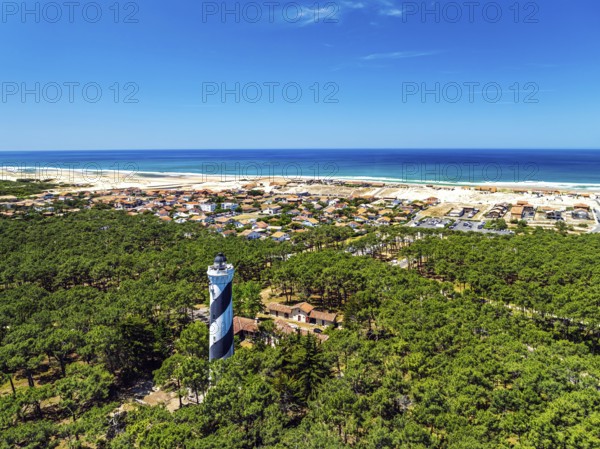 Phare de Contis Lighthouse from a drone, Saint Julien en Born, Saint-Julien-en-Born, Landes, France