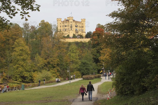 Hohenschwangau Castle near Füssen in autumn, with hiking trail to the Alpsee, Allgäu, Bavaria, Germany, Allgäu, Bavaria, Germany