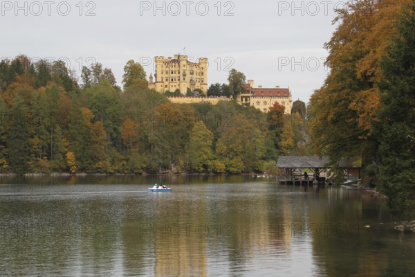 Hohenschwangau Castle near Füssen in autumn, with the Alpsee, Allgäu, Bavaria, Germany, Allgäu, Bavaria, Germany