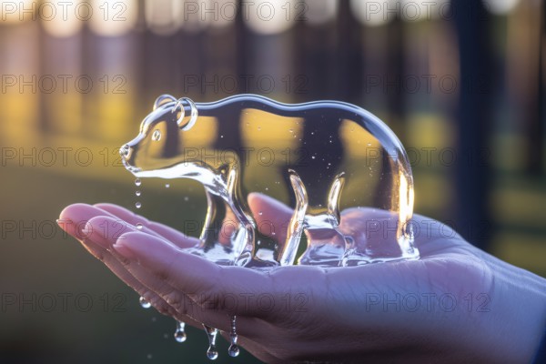 Melting ice cube polar bear held in human hand symbolizes climate change and global warming impact on wildlife. Generative Ai, AI generated