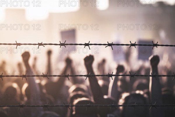 Barbed wire barrier with blurred protest crowd. A poignant image of resistance and struggle at borders and prisons. Generative ai, AI generated