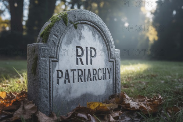 Photorealistic gravestone engraved with RIP Patriarchy. Concept for feminism and social change. Generative ai, AI generated