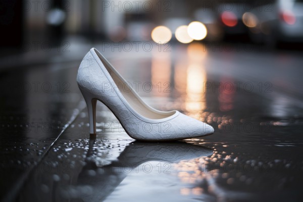 White lace wedding heel on rainy street. Symbol of a ruined wedding or runaway bride. Generative ai, AI generated