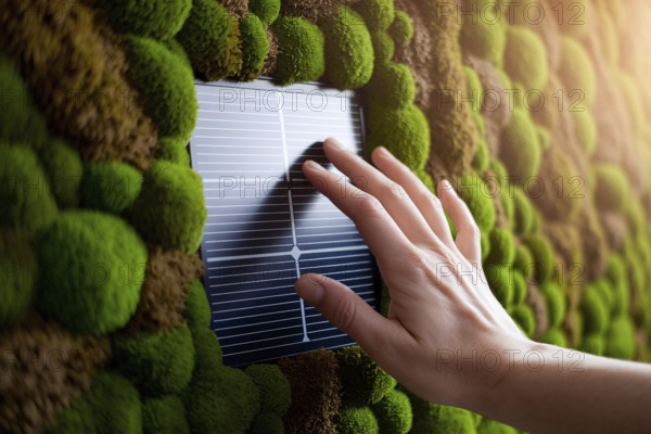 Integrating clean energy with nature. Fingers touching solar cell into living moss wall, AI generated