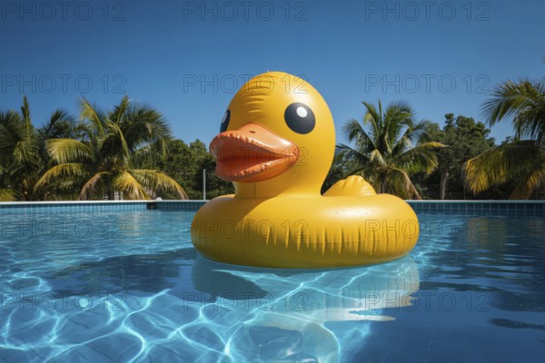 Inflatable yellow duck floating in turquoise pool. Playful symbol of carefree summer leisure and nostalgia. Generative ai, AI generated