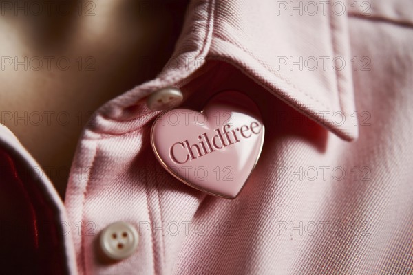 Close up of pink childfree brooch on cotton shirt symbolizes women's freedom and the choice to live without children. Generative ai, AI generated