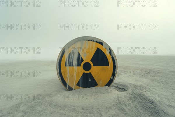 Round radiation warning sign in scorched earth. Symbol for danger of nuclear war and environmental decay. Generative ai, AI generated